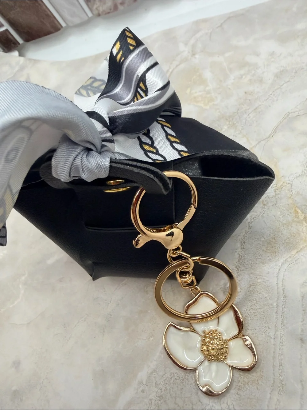 Black  Mini Purse Keychain with White Flower Charm